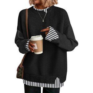 Women's Striped Black Cowgirl Chic Knit Cozy Outfit Long Sleeve Pullover Sweater